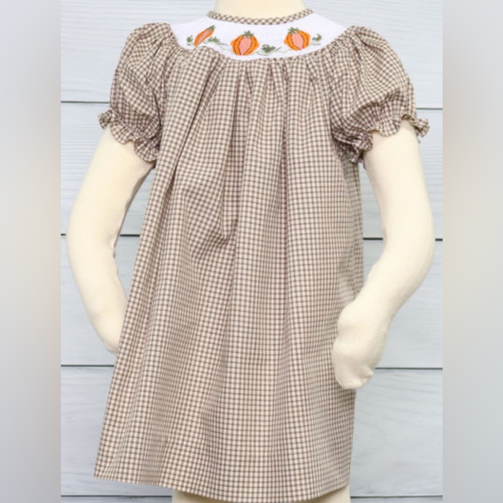 Petit Ami Brown Checkered Dress with Embroidery sz 18mos